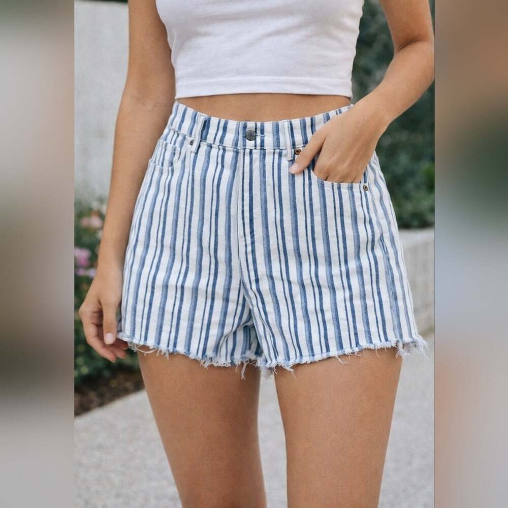 LOFT Fresh Cut Blue & White Striped Denim Cutoff Shorts Size 10 #2067